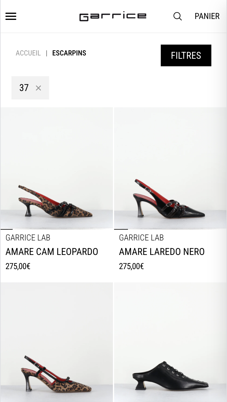 Listing produits Garrice — version mobile